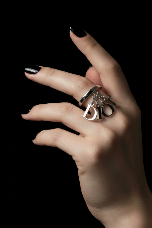Christian Dior by John Galliano Silver Tone Logo Charm Ring — Size 6.5