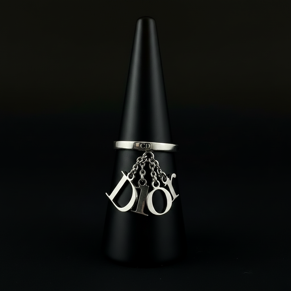 Christian Dior by John Galliano Silver Tone Logo Charm Ring — Size 6.5