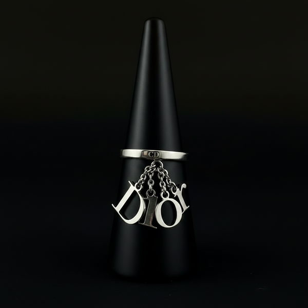Christian Dior by John Galliano Silver Tone Logo Charm Ring — Size 6.5