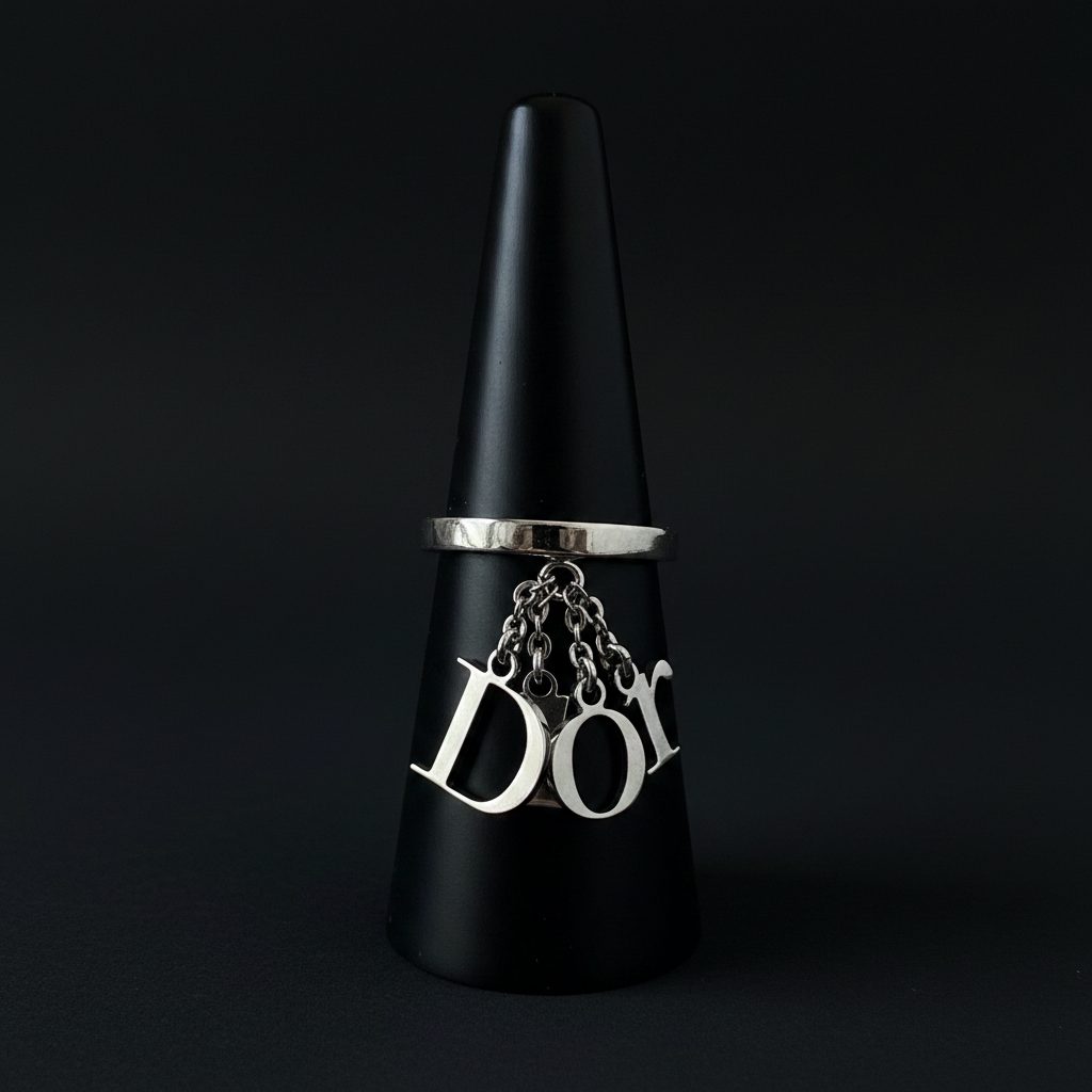 Christian Dior by John Galliano Silver Tone Logo Charm Ring — Size 6.5