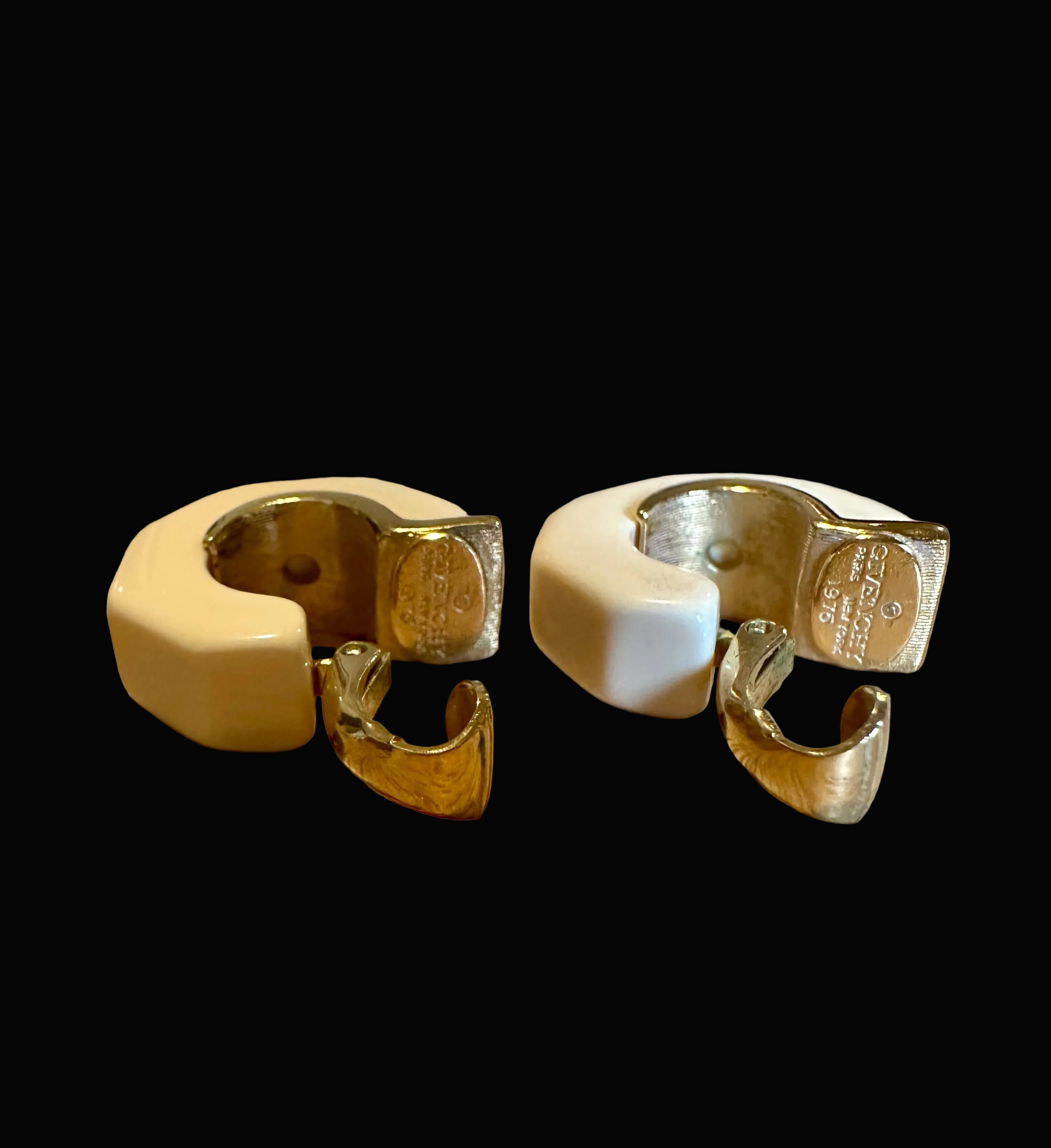Vintage Givenchy Ivory Enamel & Gold-Tone Hoop Clip-On Earrings, c. 1975