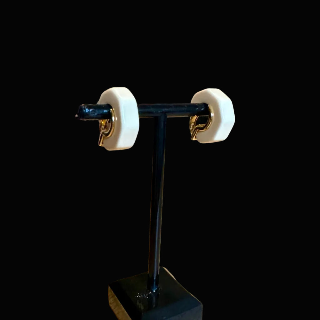 Vintage Givenchy Ivory Enamel & Gold-Tone Hoop Clip-On Earrings, c. 1975