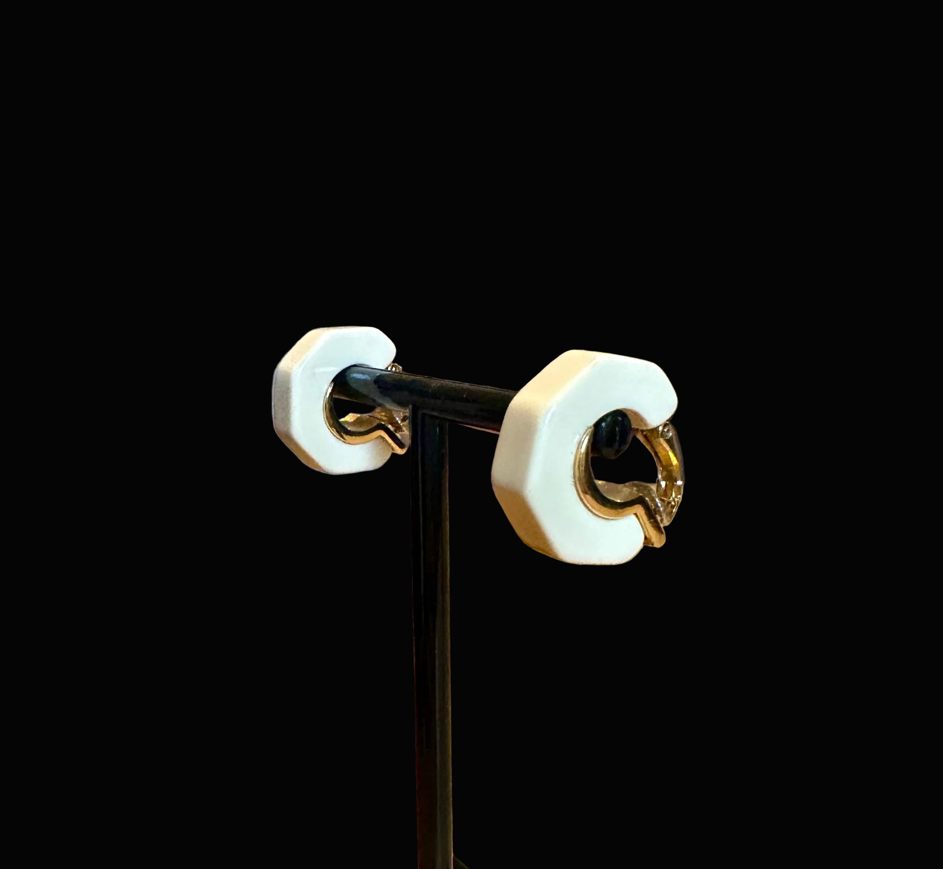 Vintage Givenchy Ivory Enamel & Gold-Tone Hoop Clip-On Earrings, c. 1975