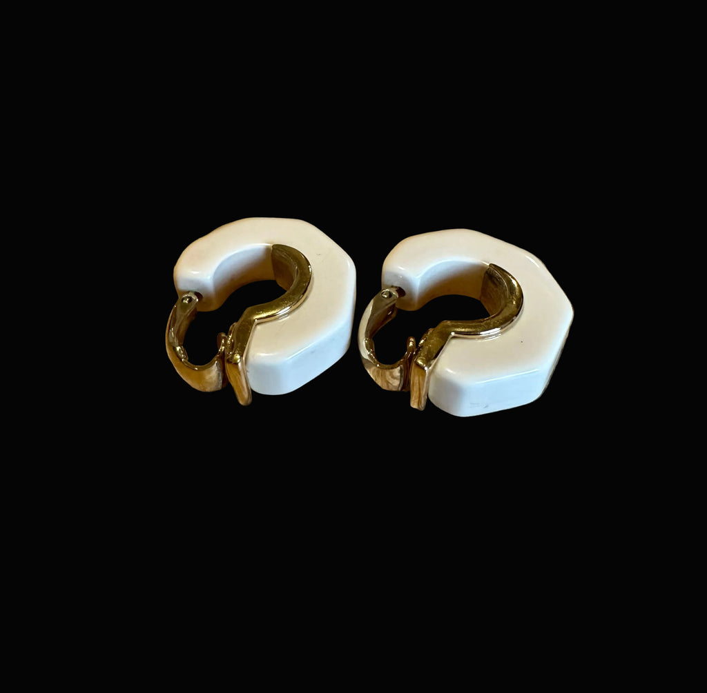 Vintage Givenchy Ivory Enamel & Gold-Tone Hoop Clip-On Earrings, c. 1975