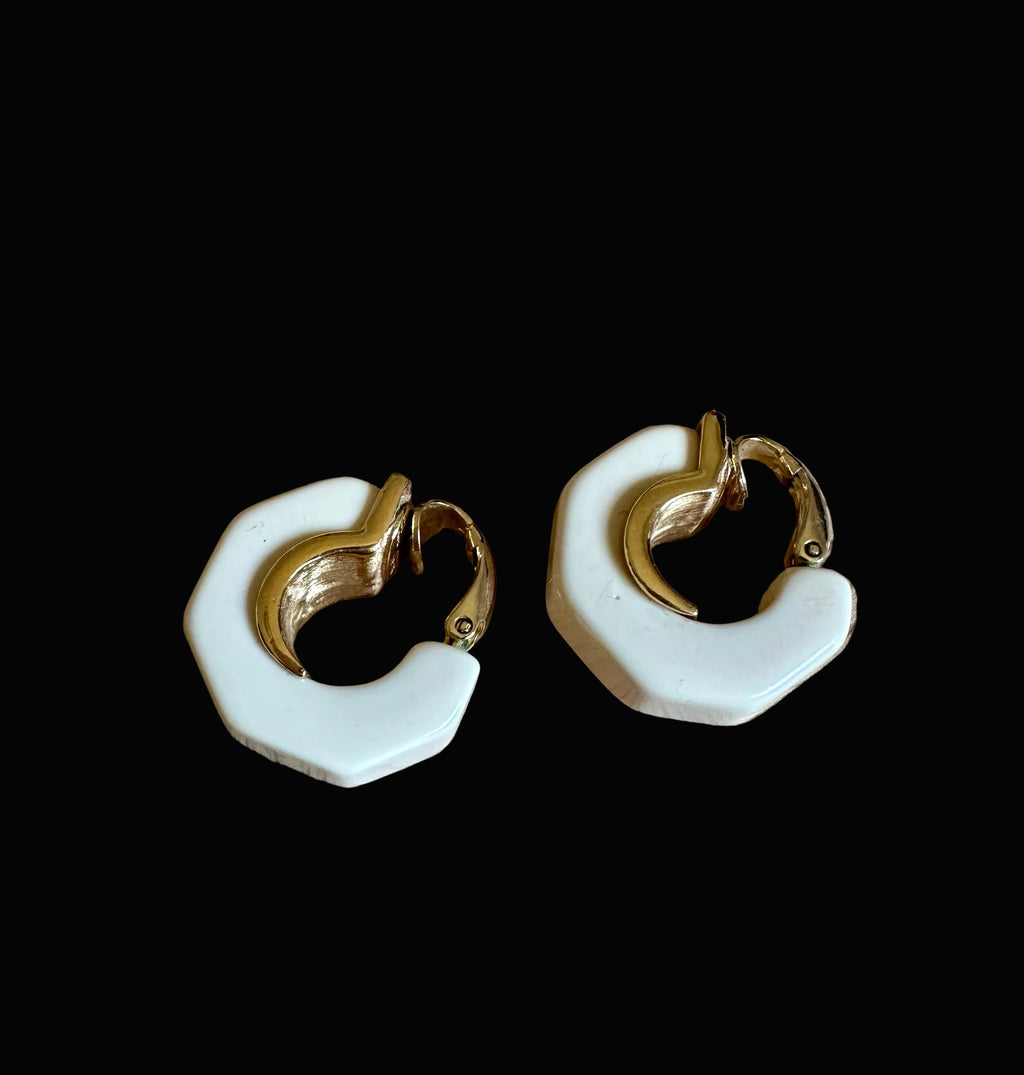 Vintage Givenchy Ivory Enamel & Gold-Tone Hoop Clip-On Earrings, c. 1975