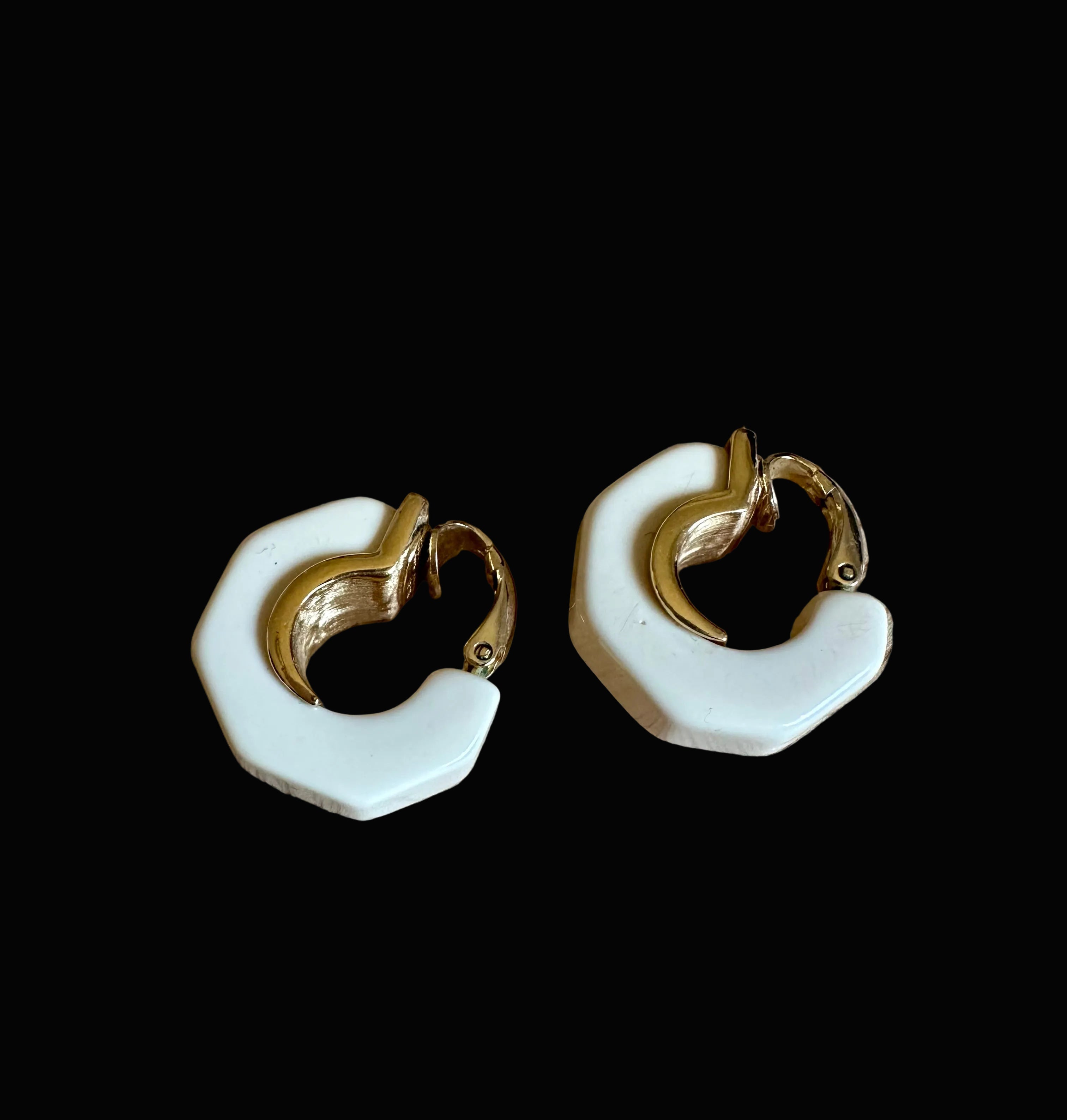 Vintage Givenchy Ivory Enamel & Gold-Tone Hoop Clip-On Earrings, c. 1975