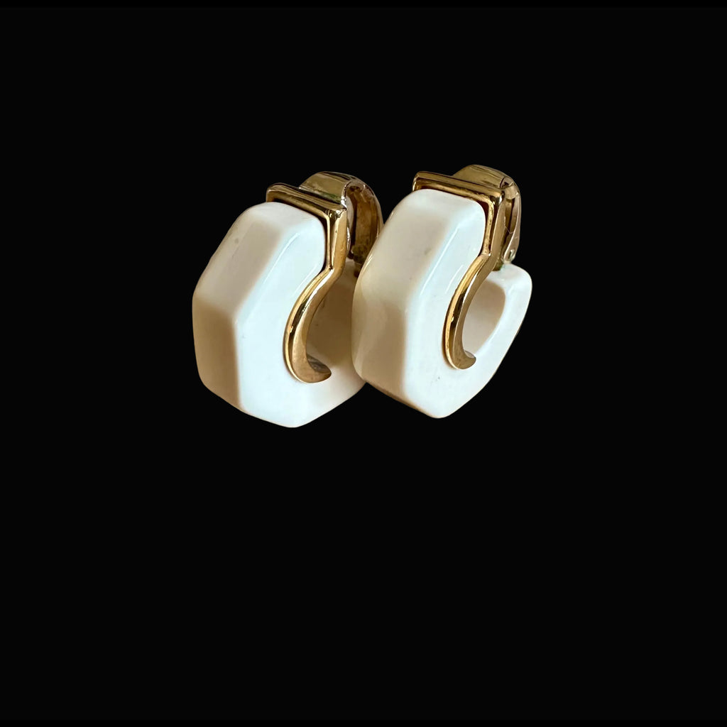 Vintage Givenchy Ivory Enamel & Gold-Tone Hoop Clip-On Earrings, c. 1975