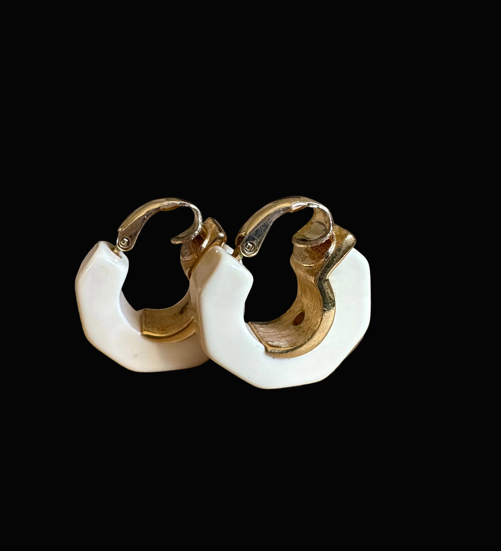 Vintage Givenchy Ivory Enamel & Gold-Tone Hoop Clip-On Earrings, c. 1975