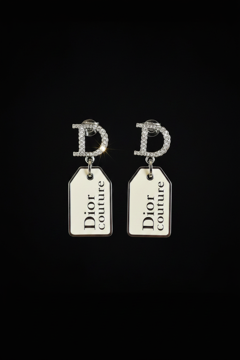 Christian Dior Couture Silver & Ivory Tag Clip-On Earrings — With Box