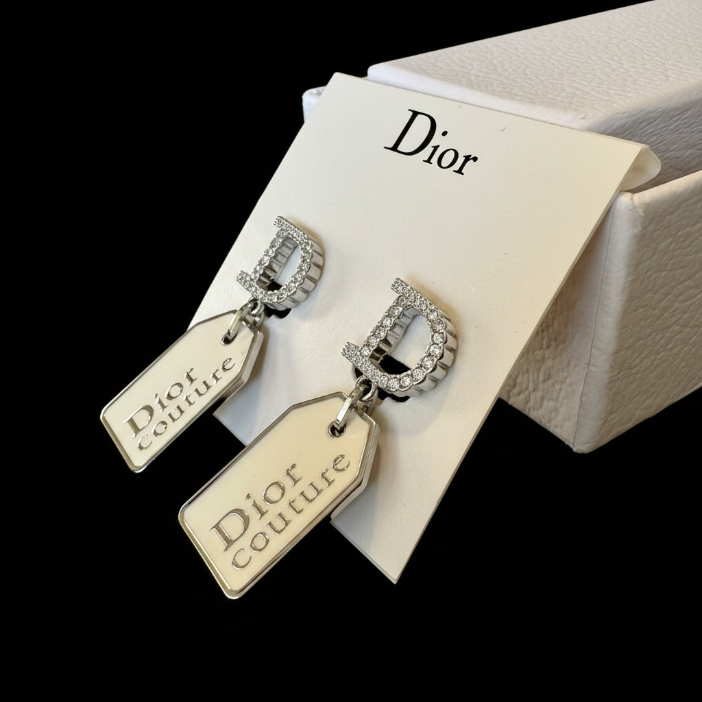 Christian Dior Couture Silver & Ivory Tag Clip-On Earrings — With Box