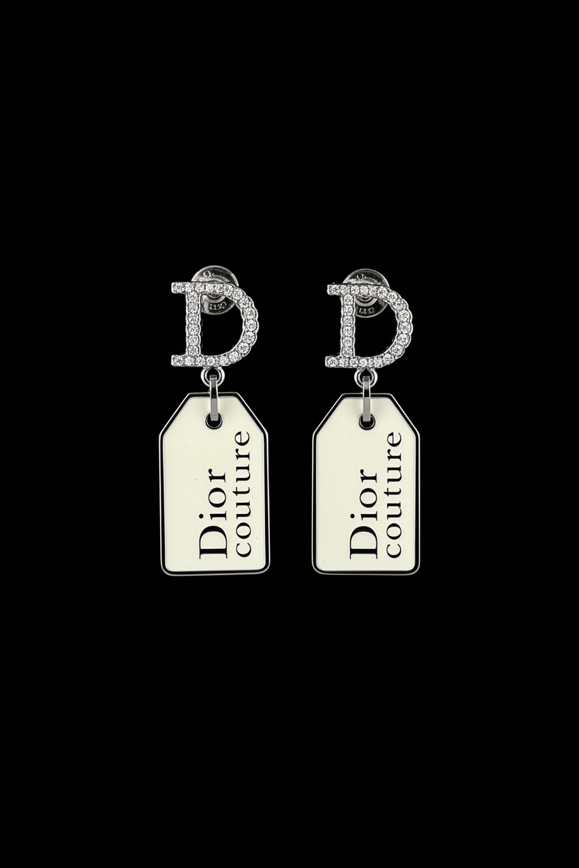 Christian Dior Couture Silver & Ivory Tag Clip-On Earrings — With Box