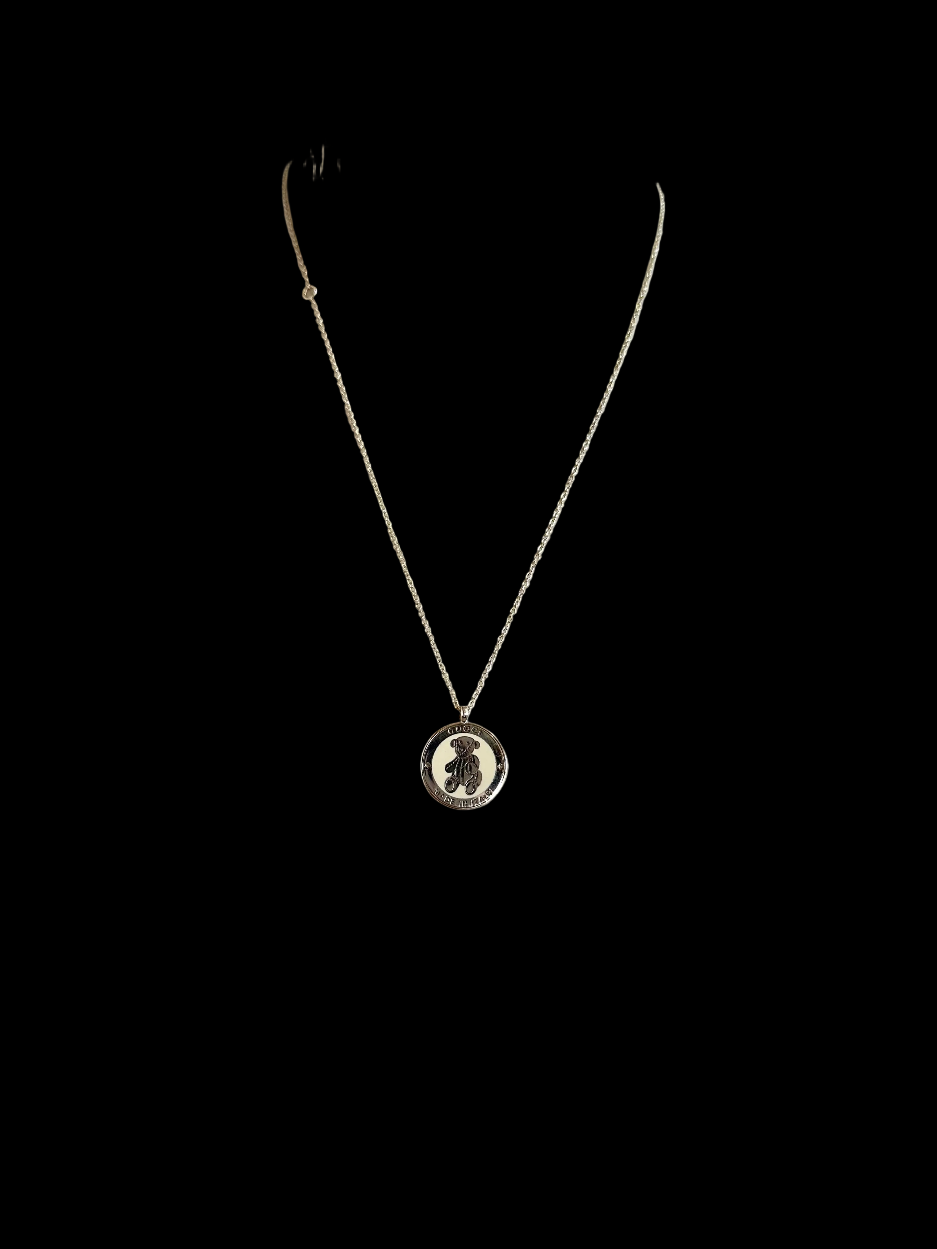 Gucci Round Teddy Bear Pendant Necklace .925 Silver & Ivory