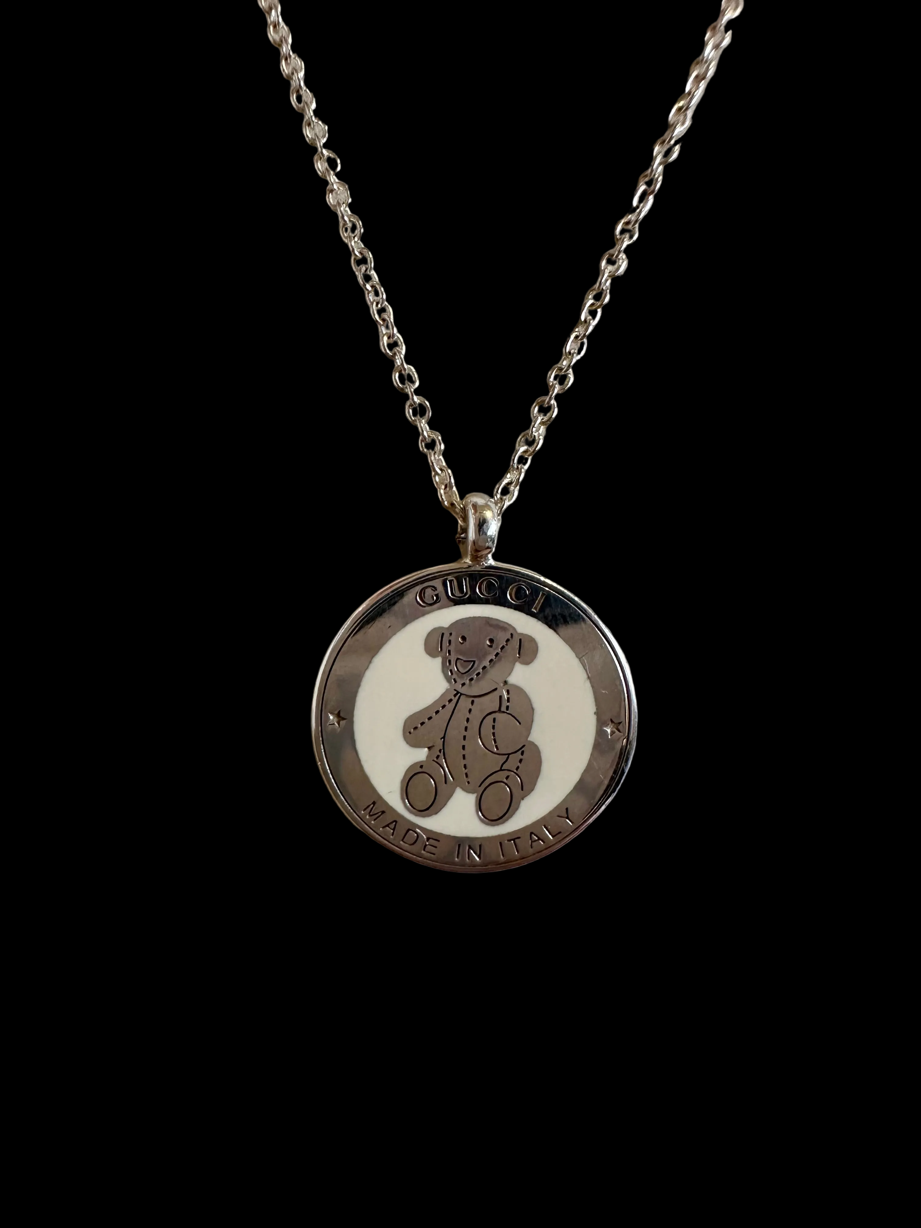 Gucci Round Teddy Bear Pendant Necklace .925 Silver & Ivory