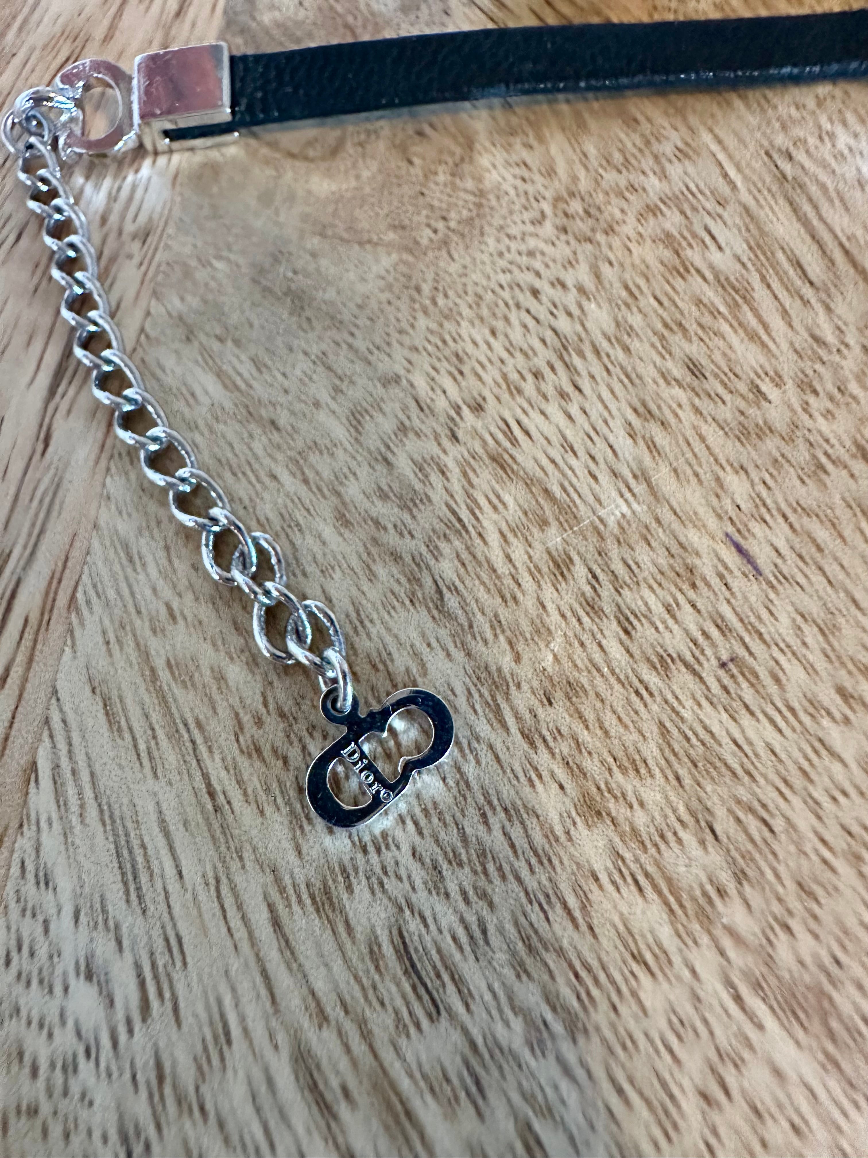 Christian Dior by John Galliano Black Leather Silver Logo Bracelet