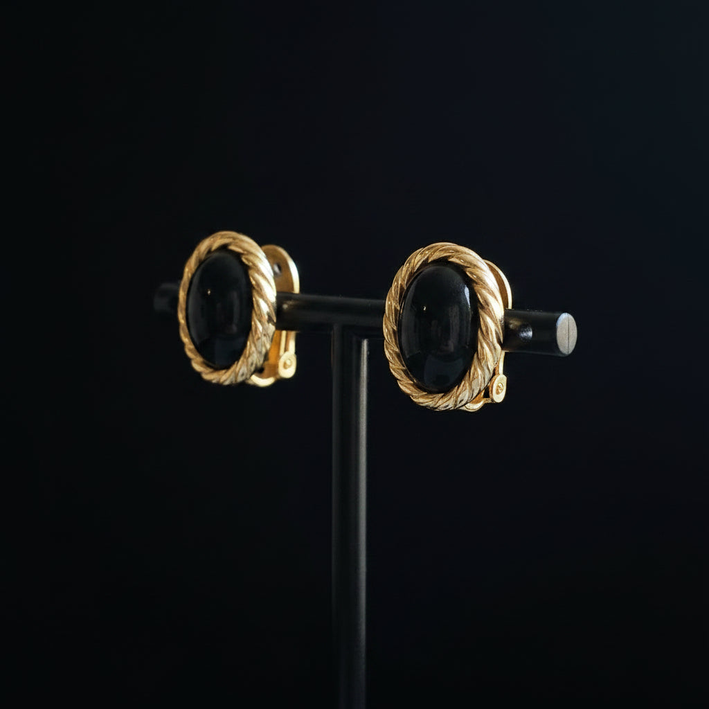 Christian Dior Black Cabochon & Gold Rope Clip-On Earrings