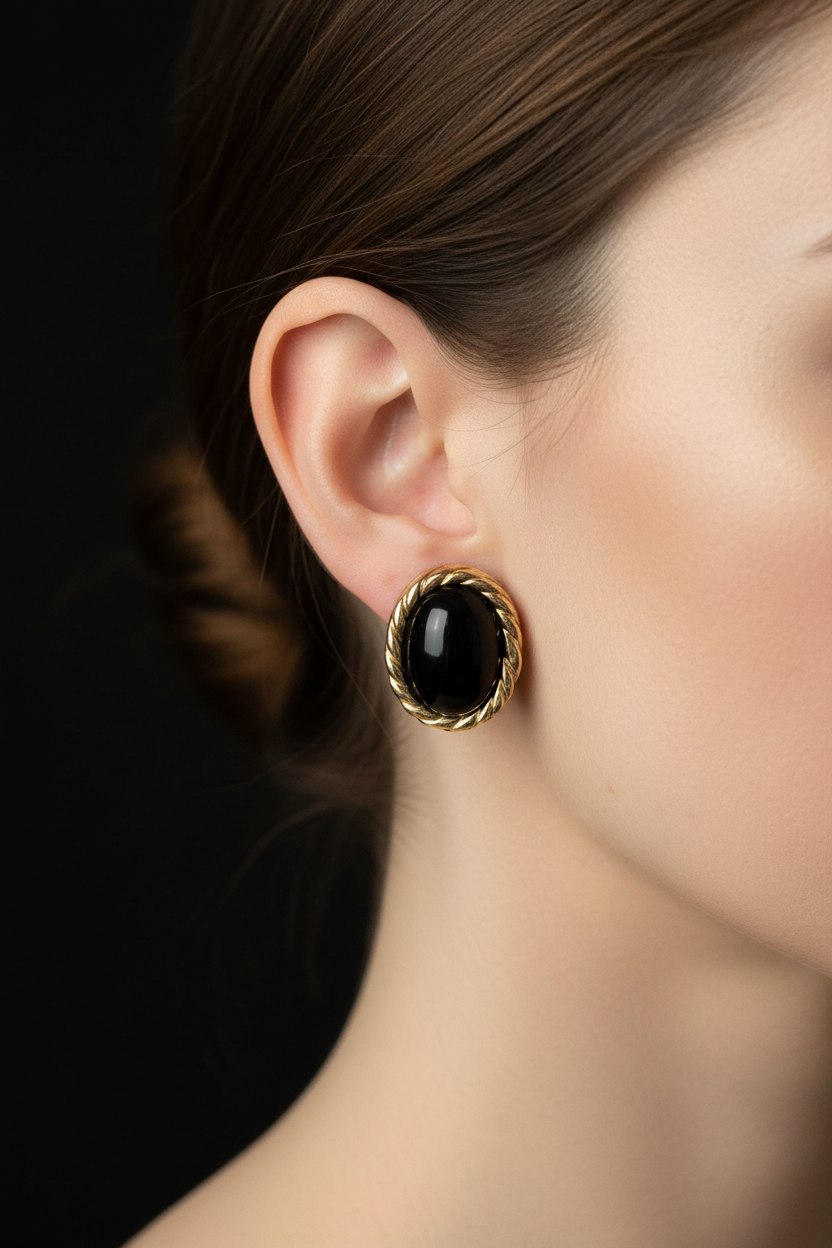 Christian Dior Black Cabochon & Gold Rope Clip-On Earrings