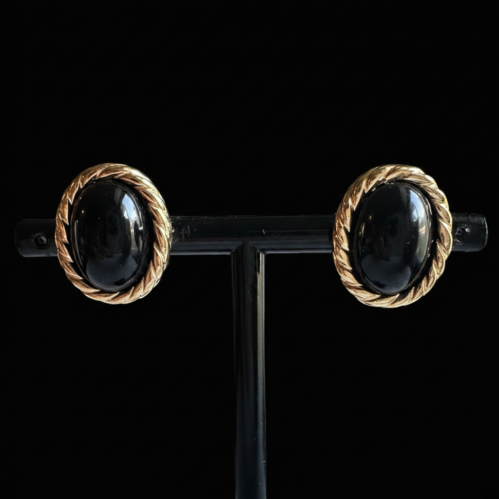 Christian Dior Black Cabochon & Gold Rope Clip-On Earrings