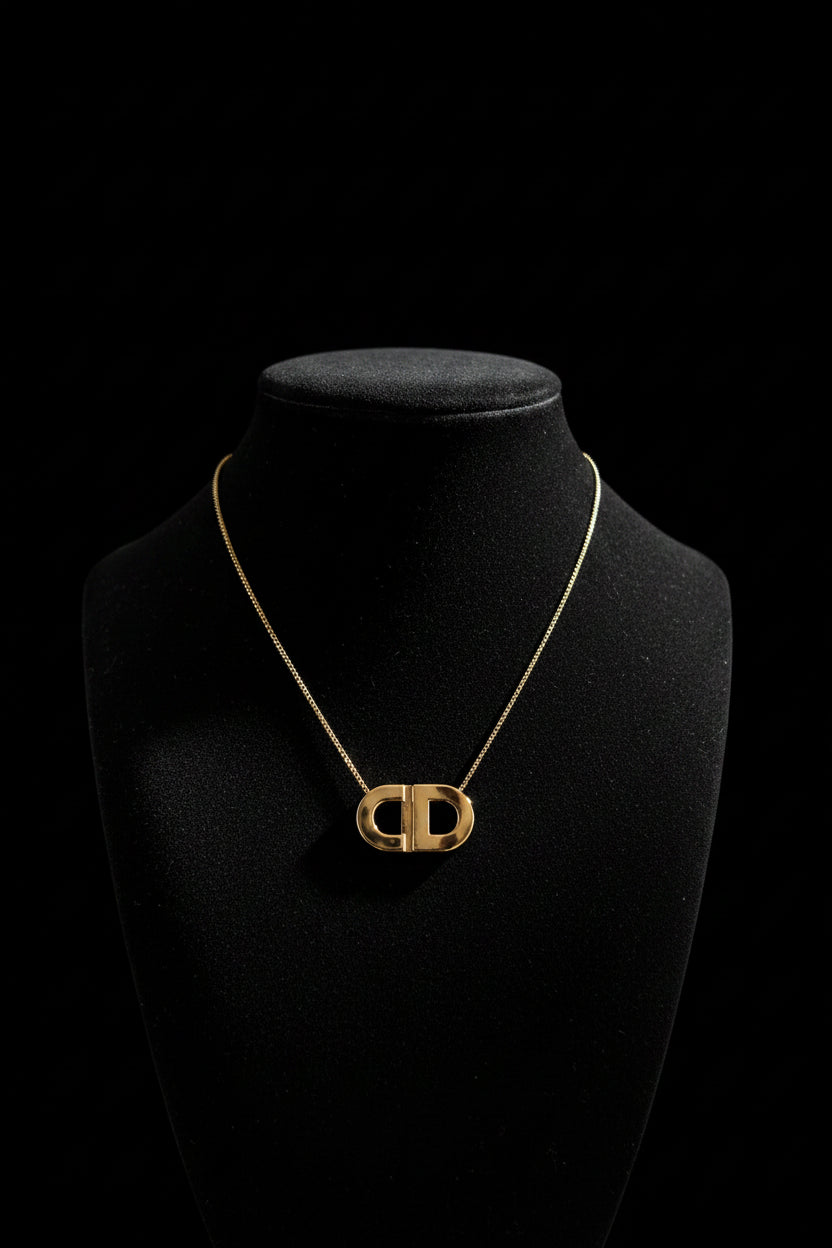 Christian Dior Signed CD Logo Gold-Tone Pendant Cable Chain Necklace