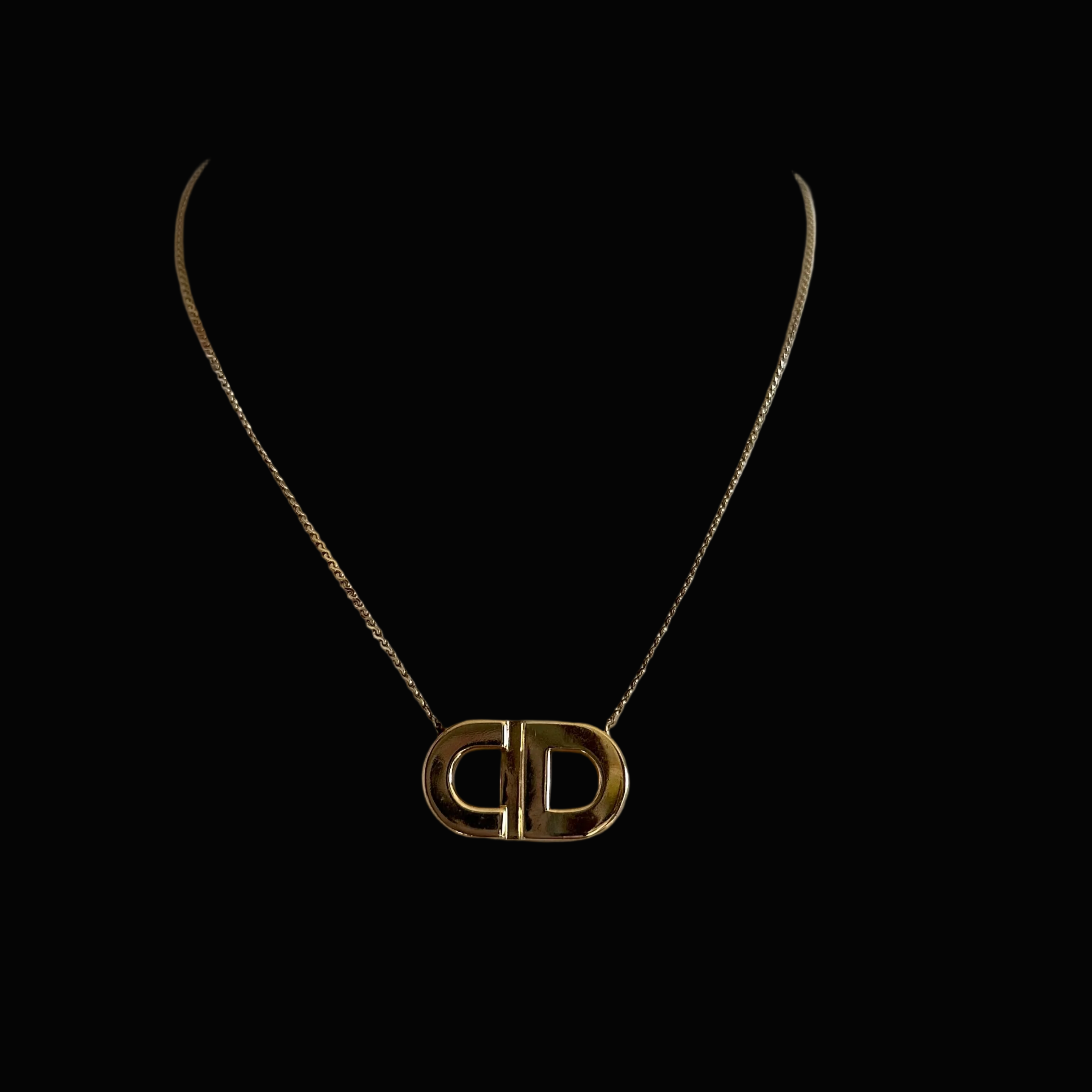 Christian Dior Signed CD Logo Gold-Tone Pendant Cable Chain Necklace
