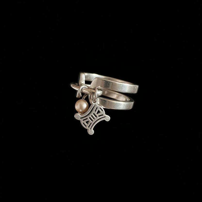 Céline 925 Sterling Silver Double-Band Pearl & Logo Charm Ring | Size 52