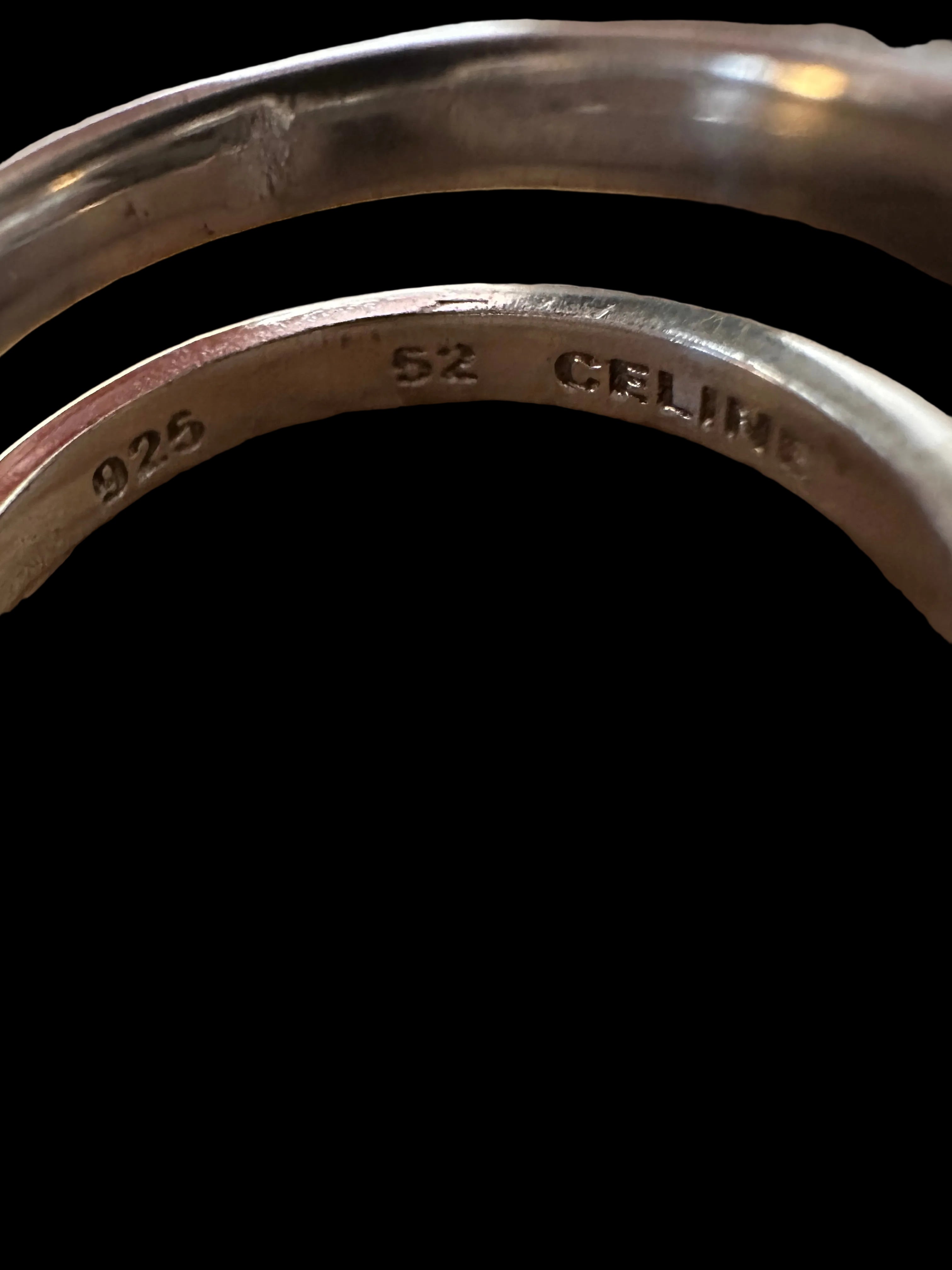 Céline 925 Sterling Silver Double-Band Pearl & Logo Charm Ring | Size 52