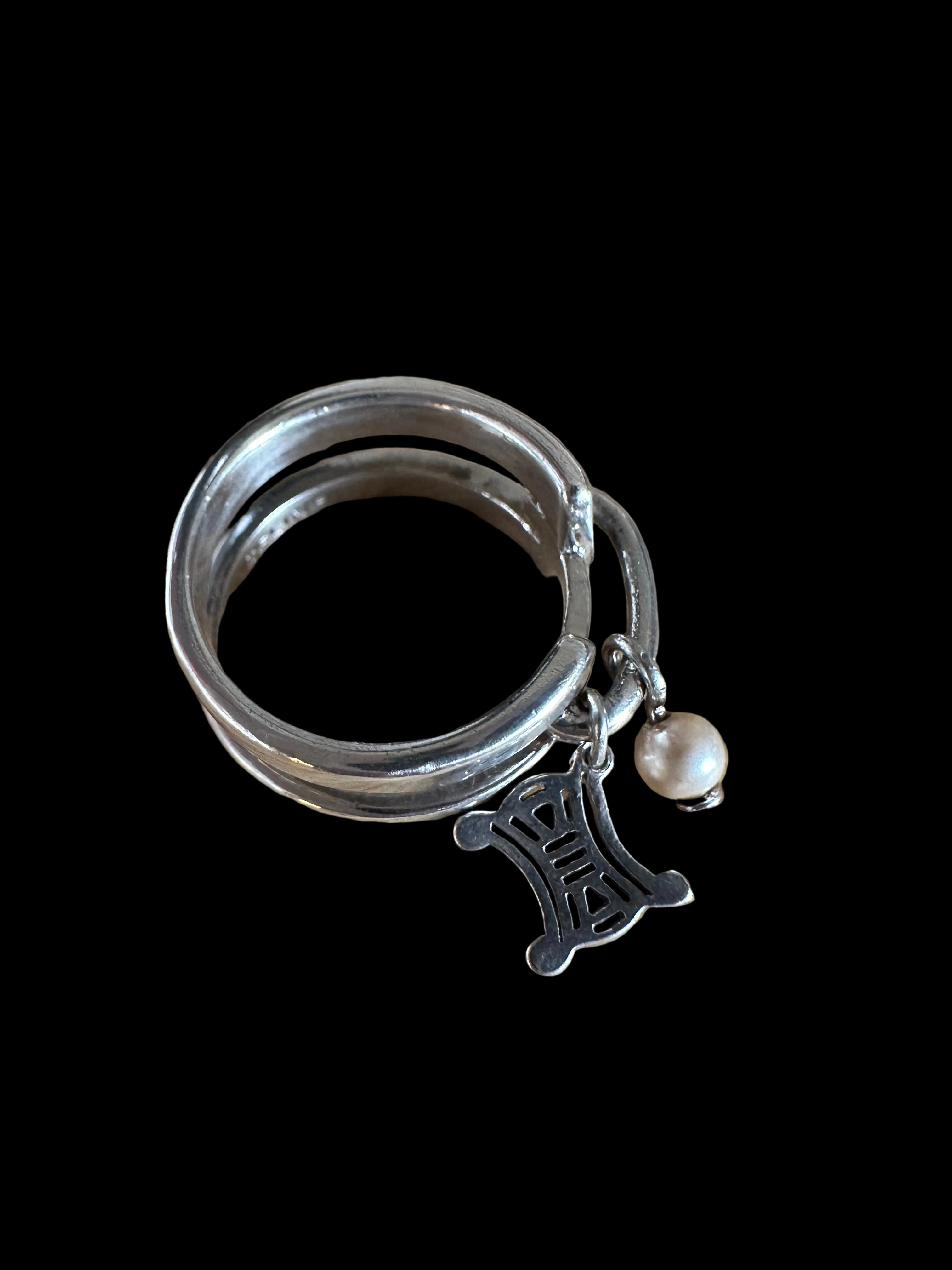 Céline 925 Sterling Silver Double-Band Pearl & Logo Charm Ring | Size 52