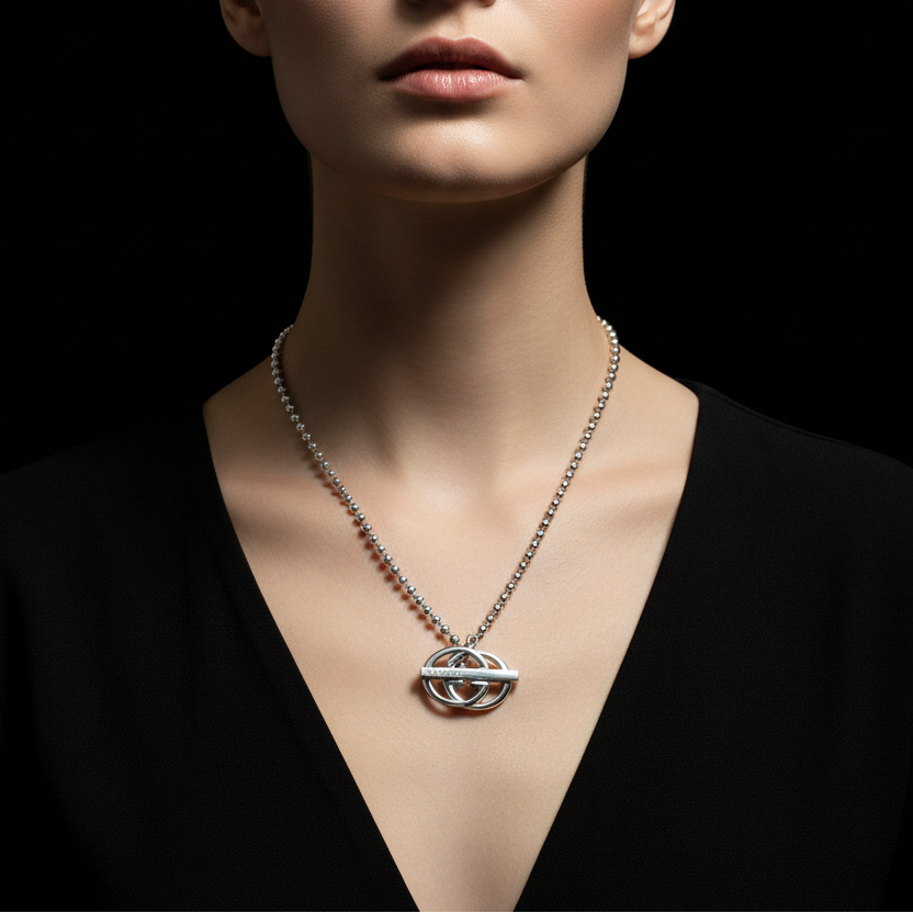 Gucci Sterling Silver Interlocking GG Pendant Ball Chain Toggle Necklace, Signed, with Box & Dust Bag