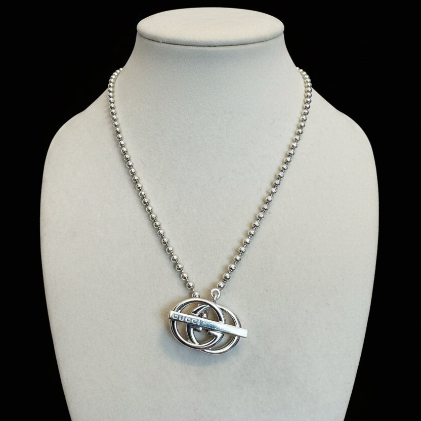 Gucci Sterling Silver Interlocking GG Pendant Ball Chain Toggle Necklace, Signed, with Box & Dust Bag