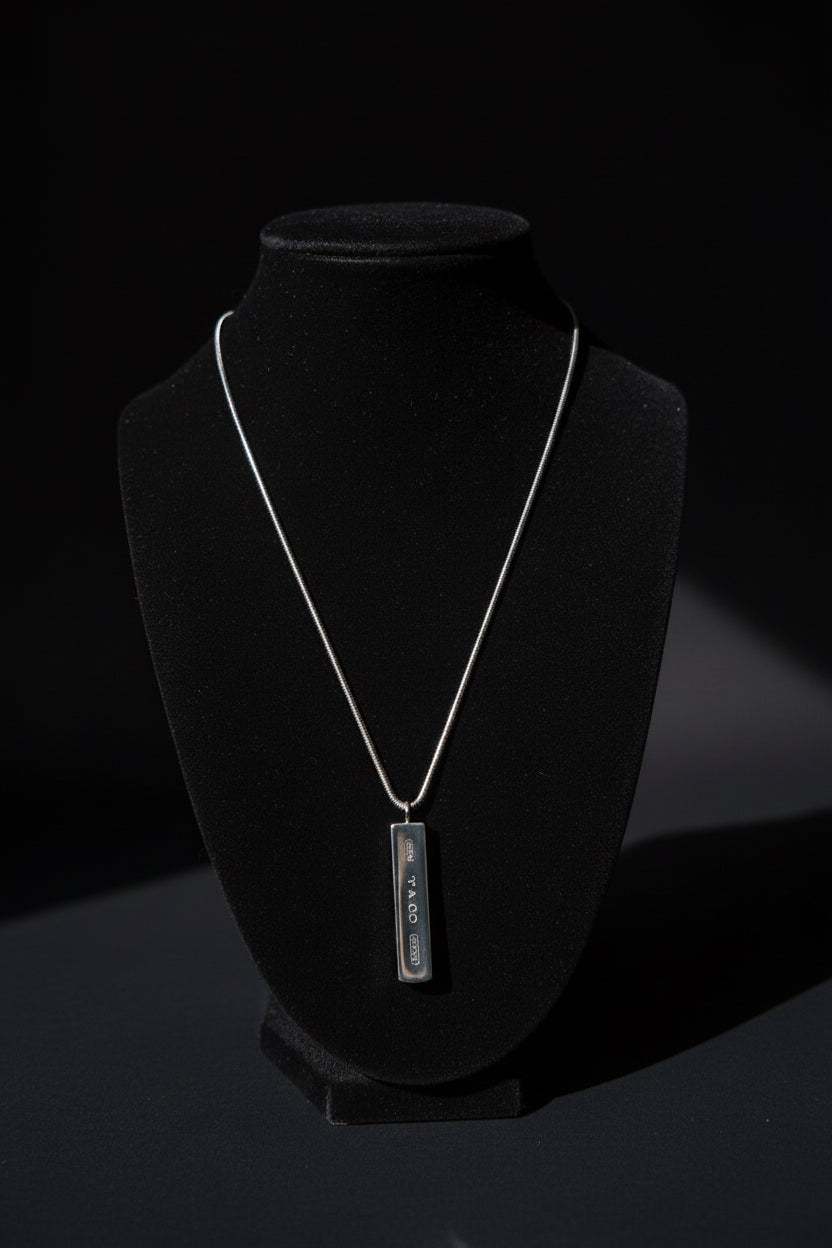 Tiffany & Co. 1837 925 Sterling Silver Rectangle Bar Pendant Snake Chain