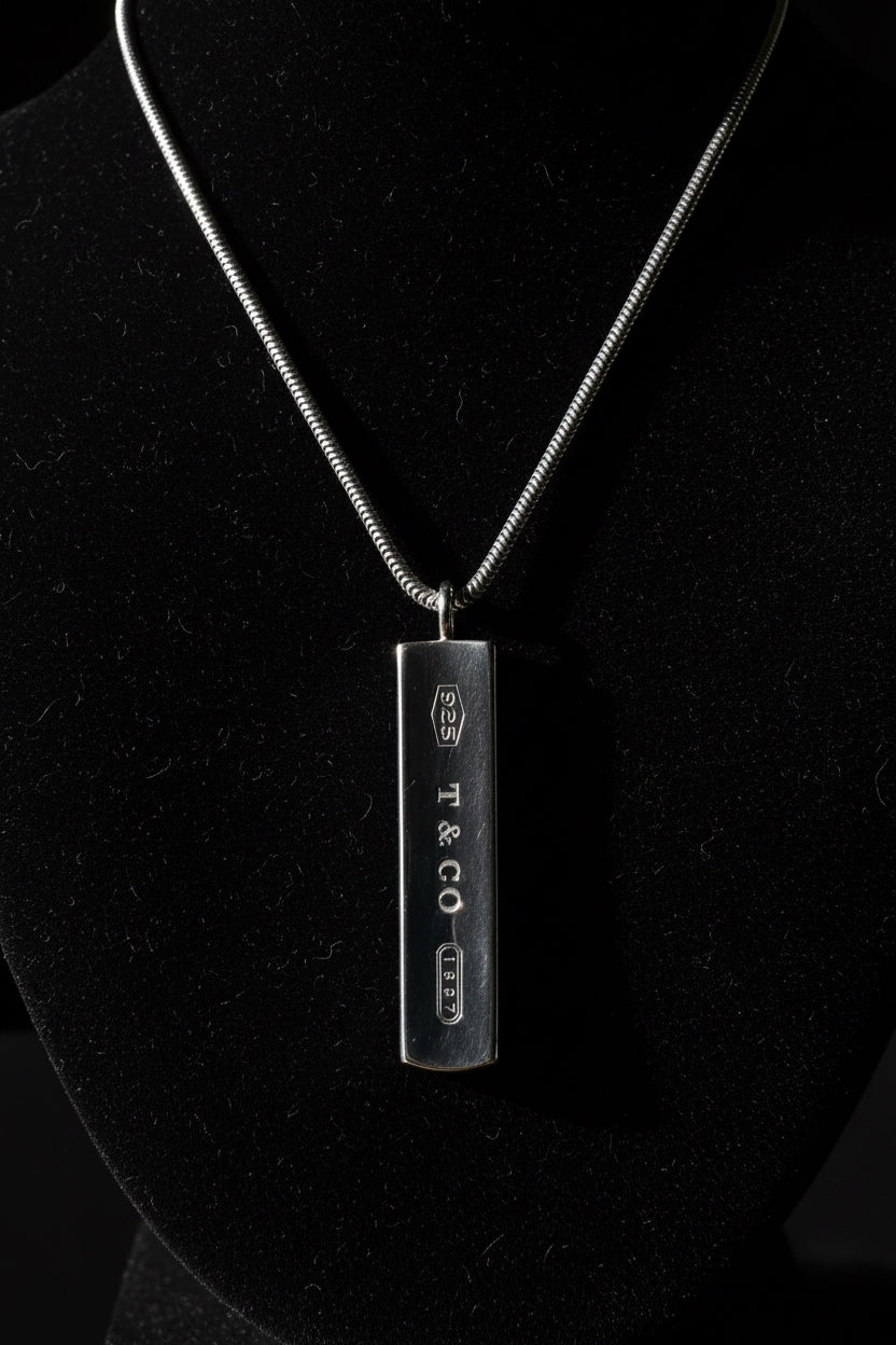 Tiffany & Co. 1837 925 Sterling Silver Rectangle Bar Pendant Snake Chain