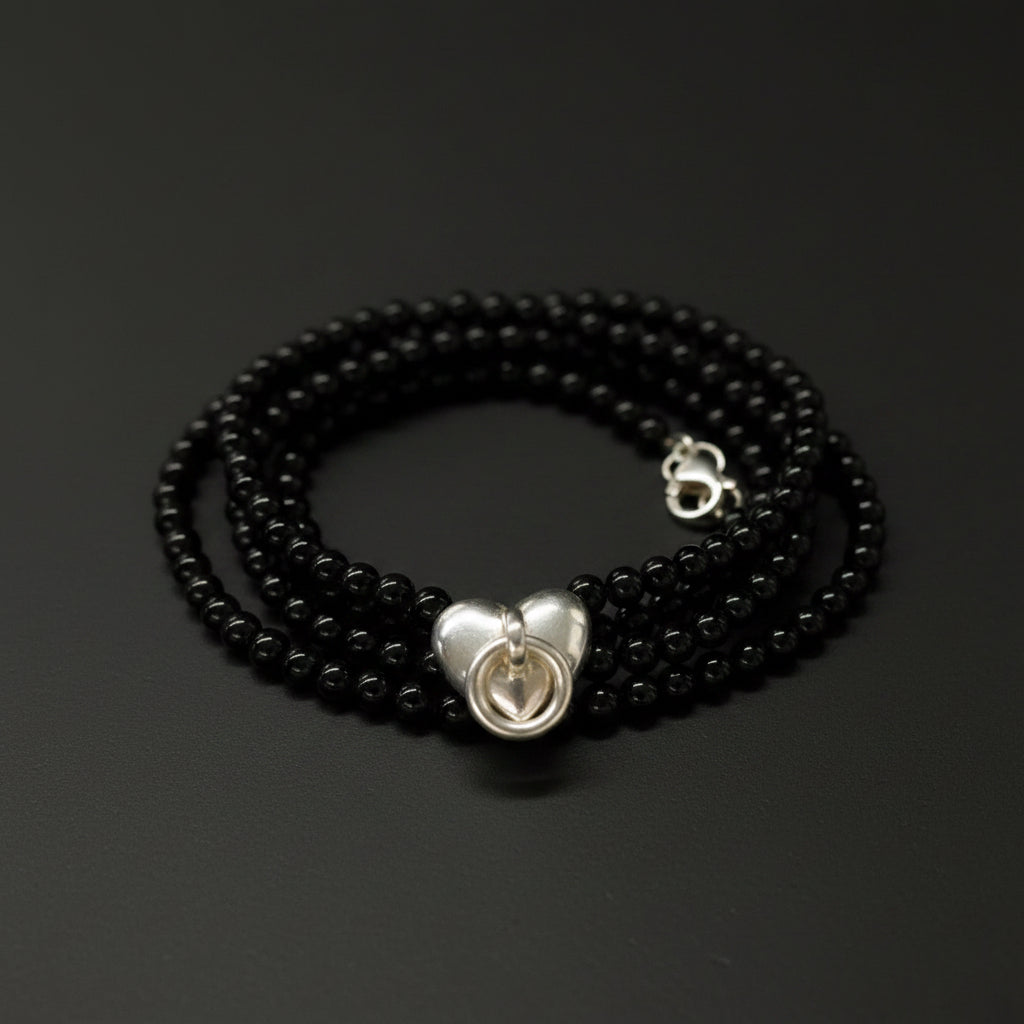 Tiffany & Co. Vintage 1995 Door Knocker Onyx Bead Necklace in .925 Sterling Silver — 15"