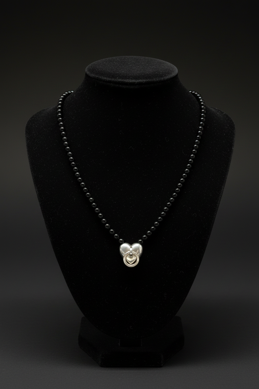 Tiffany & Co. Vintage 1995 Door Knocker Onyx Bead Necklace in .925 Sterling Silver — 15"