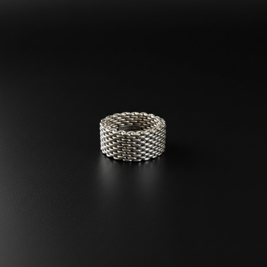 Tiffany & Co. Signed 925 Sterling Silver Somerset Mesh Ring, Silver