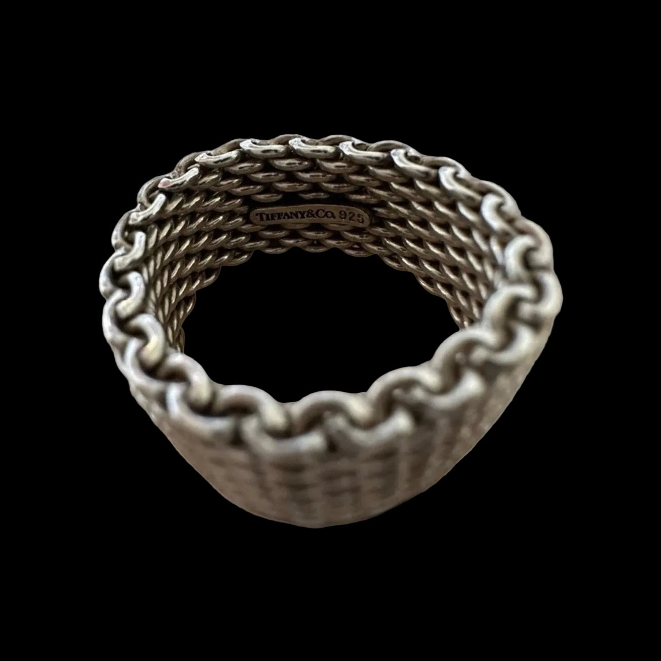 Tiffany & Co. Signed 925 Sterling Silver Somerset Mesh Ring, Silver