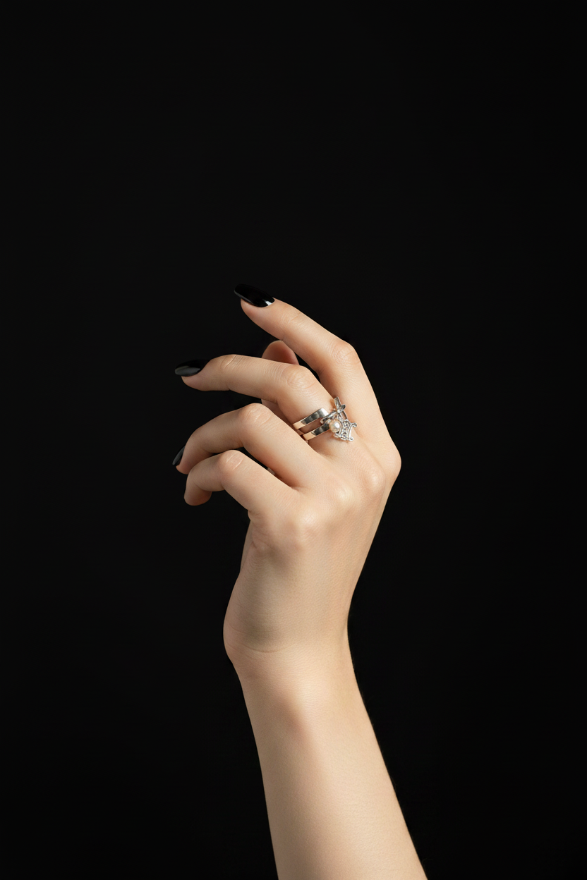 Céline Ring on Model - Black Coffin Nails