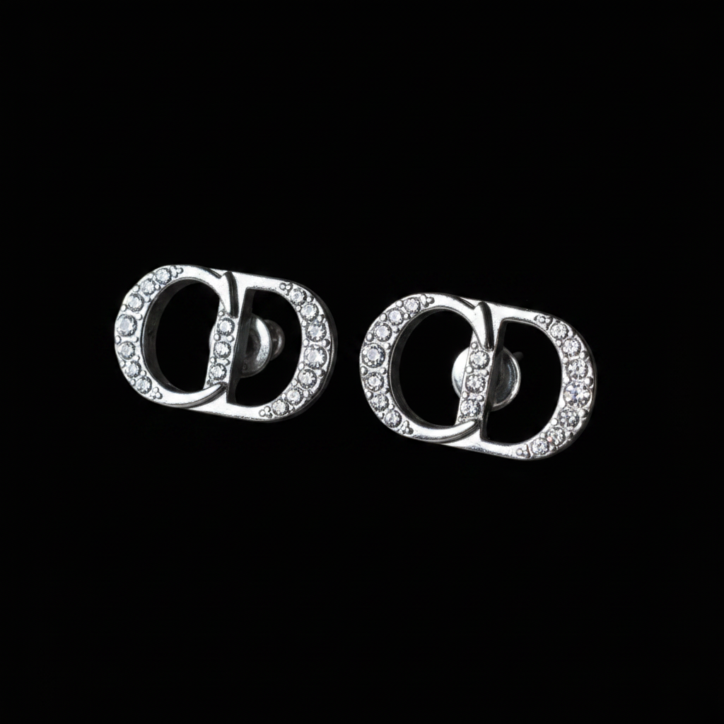Dior CD Logo Stud Earrings - Black Background