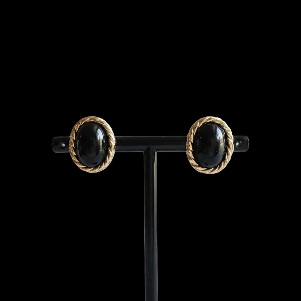 Christian Dior Black Cabochon & Gold Rope Clip-On Earrings
