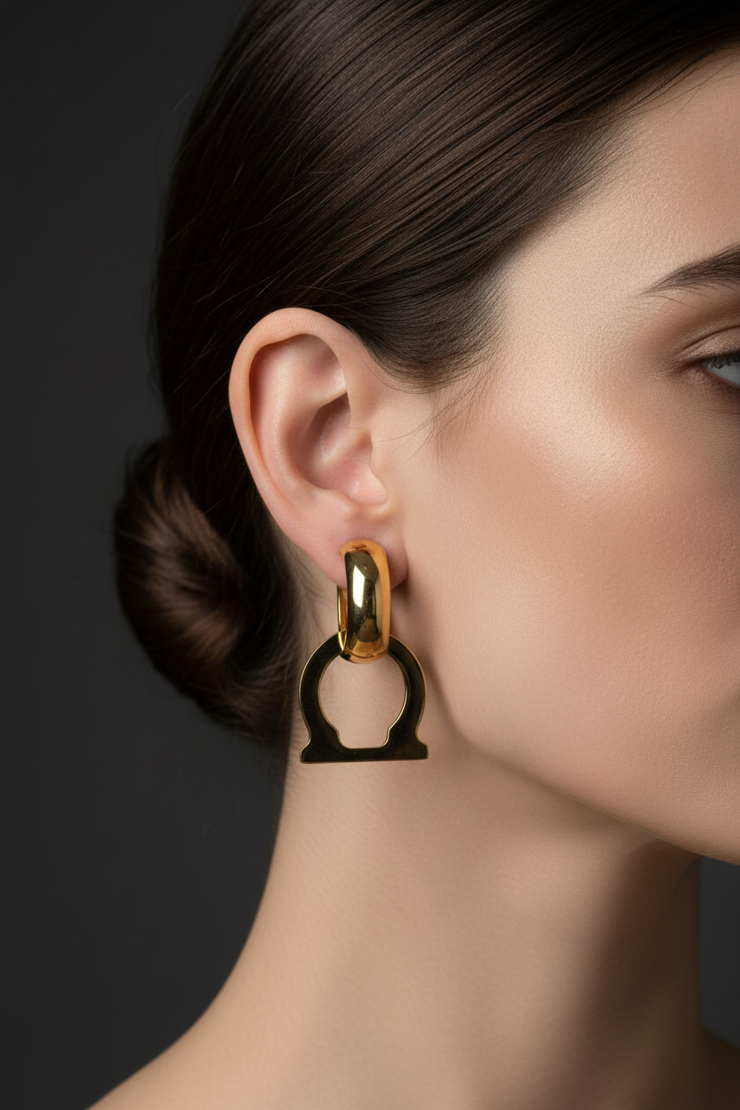 Gold Stirrup Earrings on Model - Reference