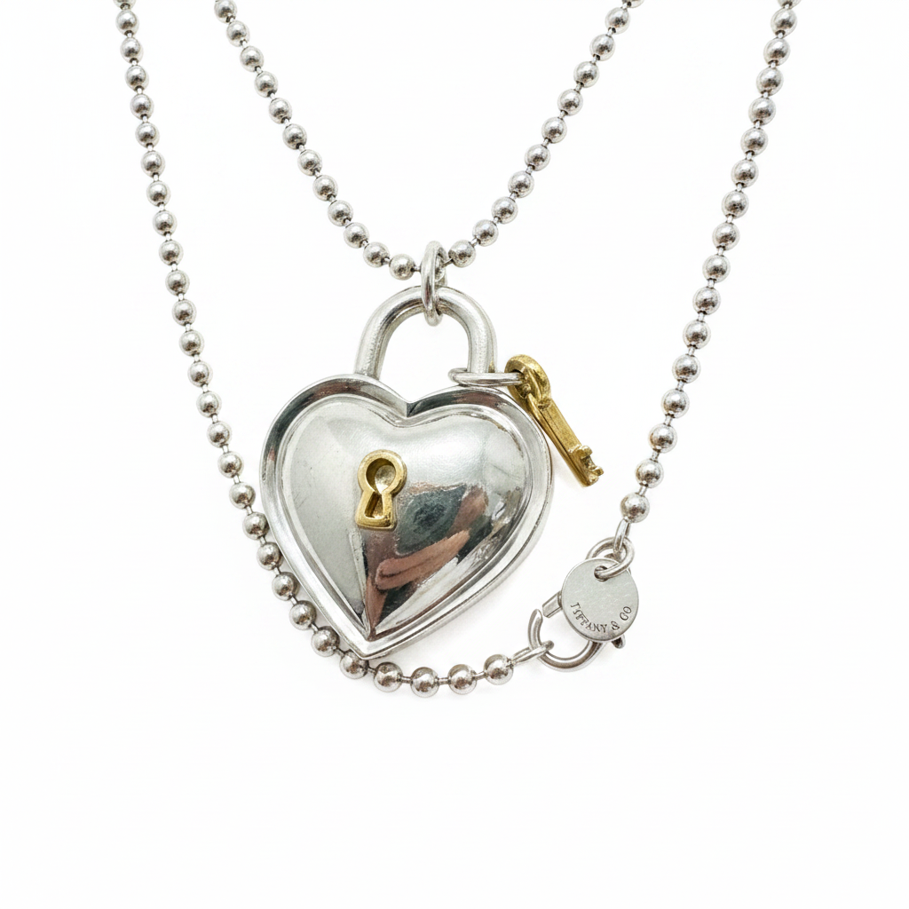 Tiffany & Co. 925 Silver & 750 Gold Heart Lock and Key Necklace 1994 - Authenticity Tag Detail