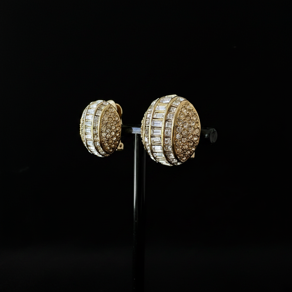 Christian Dior vintage crystal dome clip-on earrings on stand, side view