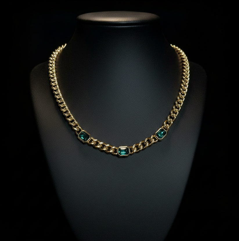 Christian Dior Vintage Cuban Chain Necklace — Gold-Plated & Blue Crystal | 1980s | Pre-Owned