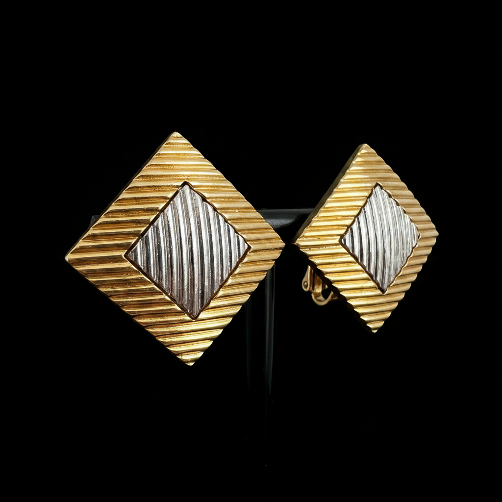 Vintage gold and silver diamond-shaped clip-on earrings, angle view
