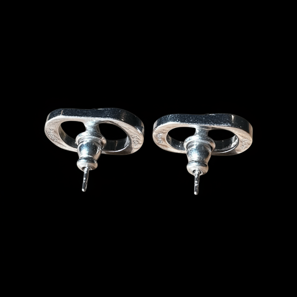 Christian Dior CD Icon stud earrings back view showing post and butterfly back on black background