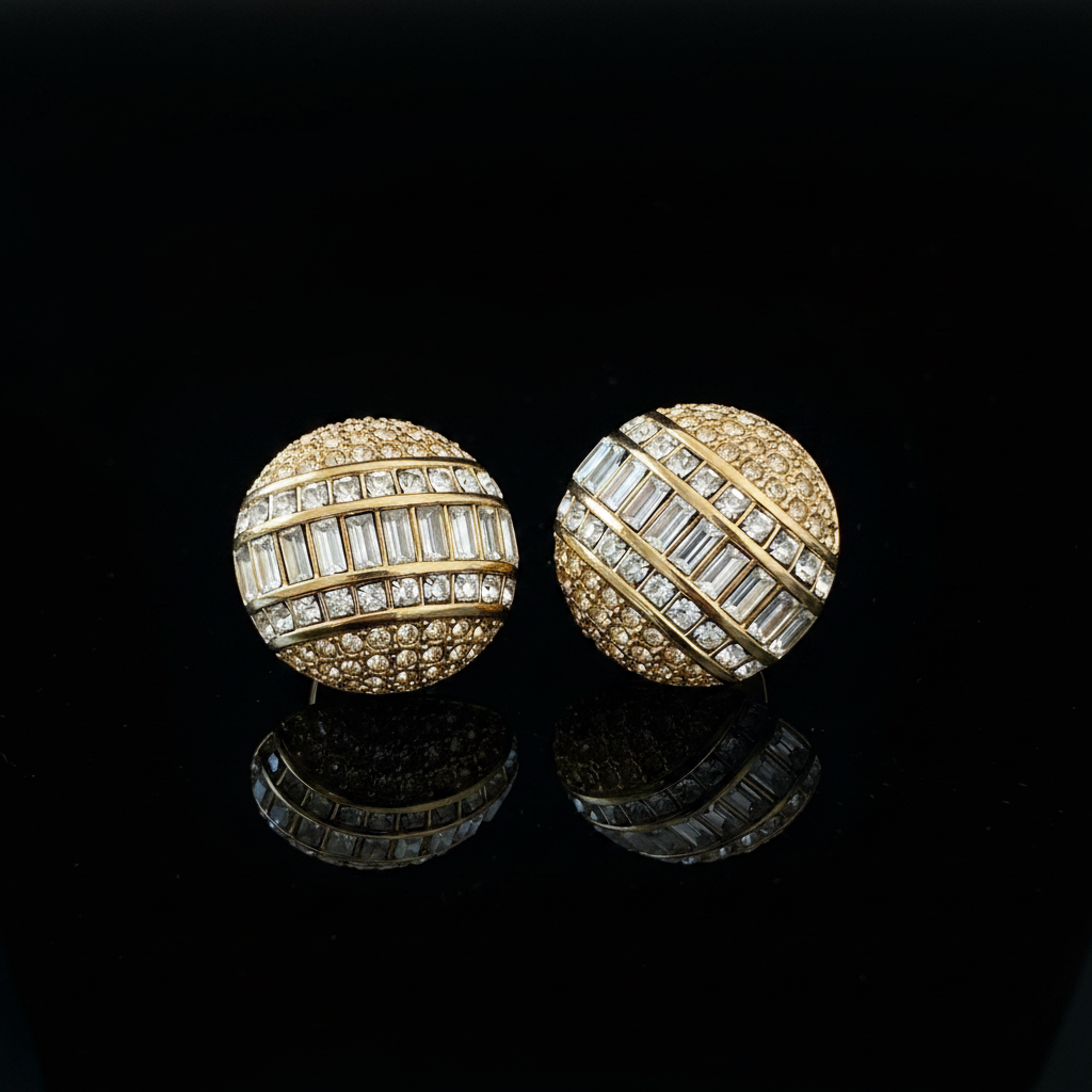 Christian Dior vintage crystal dome clip-on earrings, angle view
