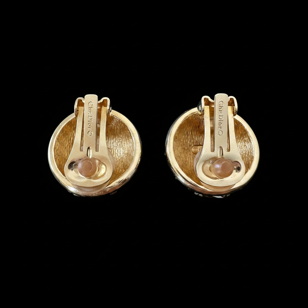 Christian Dior vintage crystal dome clip-on earrings, back showing Chr.Dior stamp