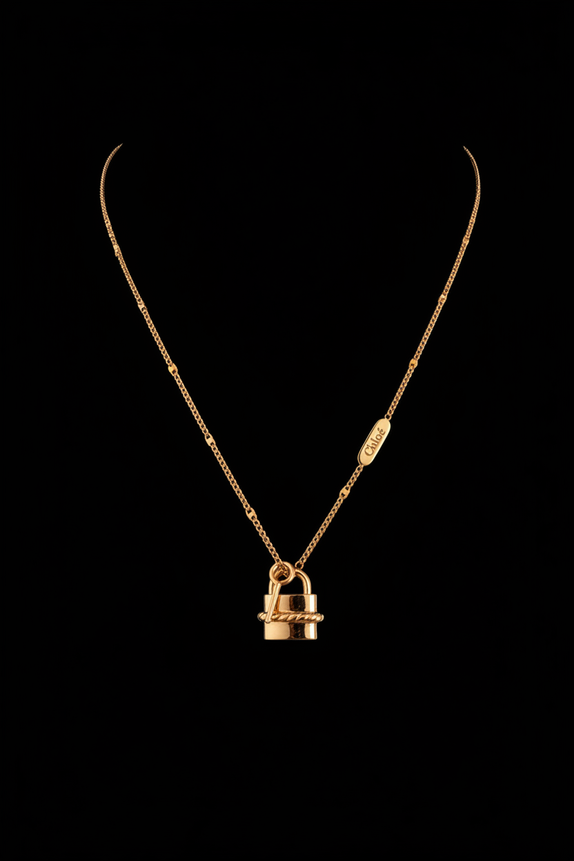 Chloé Gold Padlock Necklace - Black Background