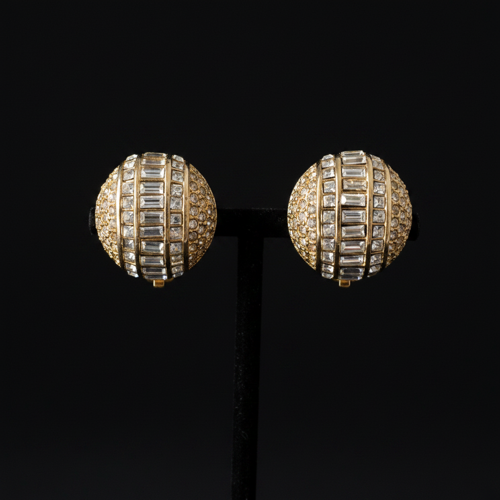 Christian Dior vintage crystal dome clip-on earrings on stand, front
