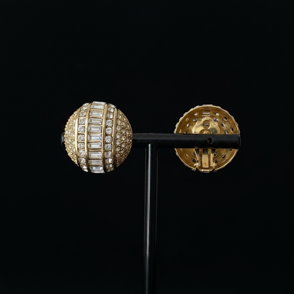 Christian Dior vintage crystal dome clip-on earrings on stand, other side