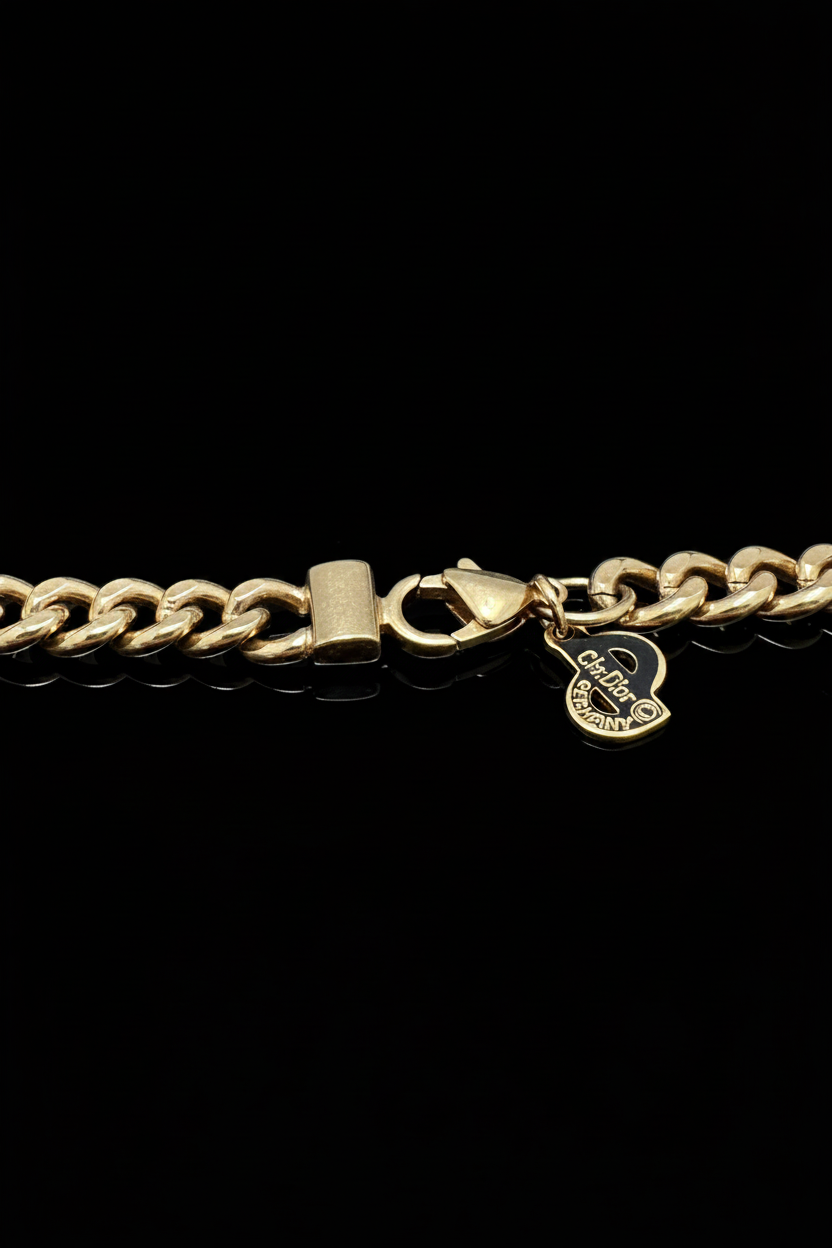 Christian Dior Vintage Gold Plated Cuban Chain with Blue Crystal Accents, 1980’s