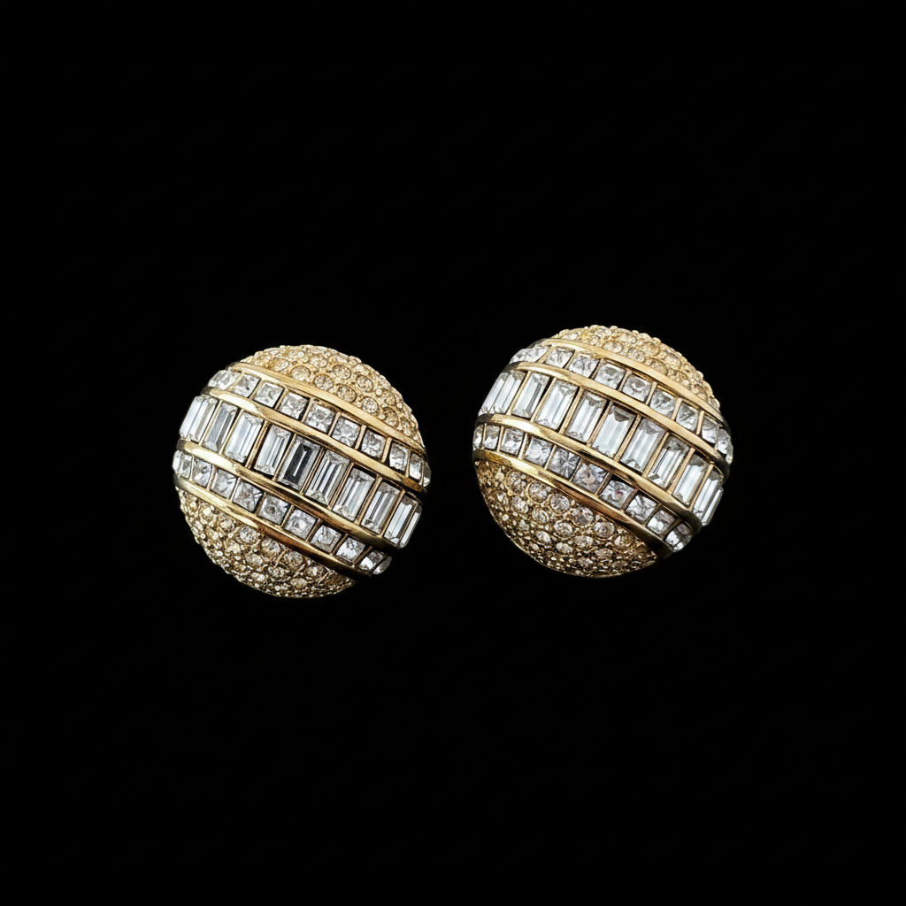 Christian Dior vintage crystal dome clip-on earrings, front view